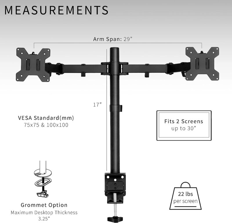 VIVO Dual Monitor Desk Mount, Heavy Duty Fully Adjustable Stand, Fits 2 LCD LED Screens up to 30 inches, Black, STAND-V002  Amazon.ca Office Products - Image 6