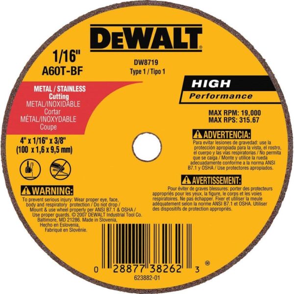 DeWalt DW8719 A60T Cutting Wheel – 4" x 1/16" x 3/8" | Heavy Duty Aluminum Oxide Metal Cutting Disc